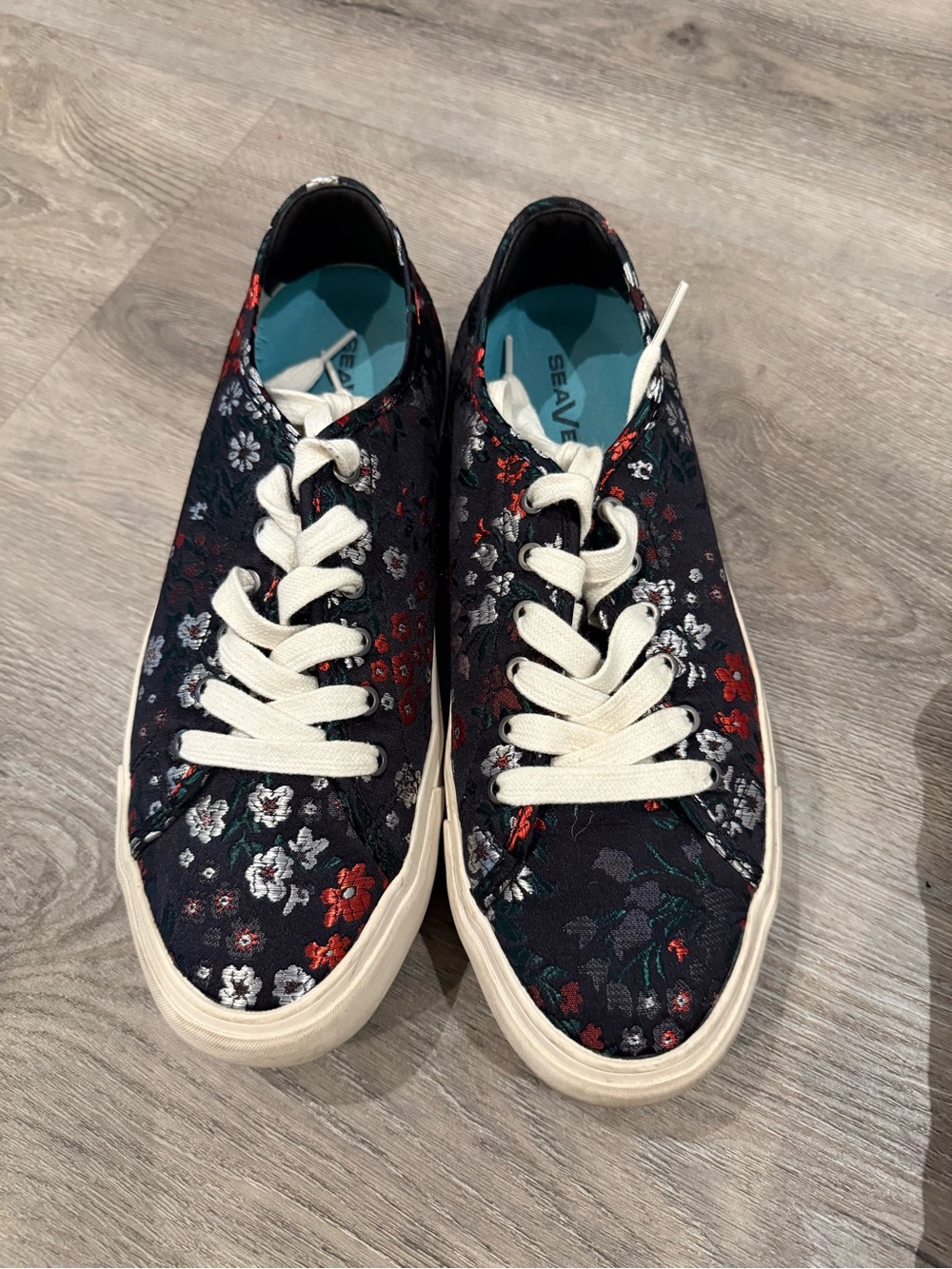 SeaVees women’s Black Floral Canvas Sneakers with Cream Laces 10